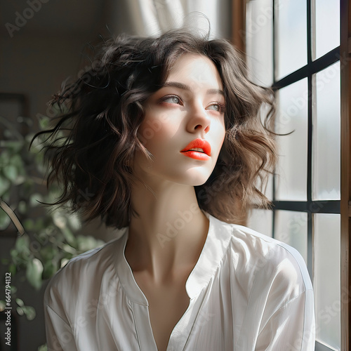 Thoughtful Young Woman with Fair Skin and Bright Red Lips Gazing Absentmindedly out of a Sunlit Window photo