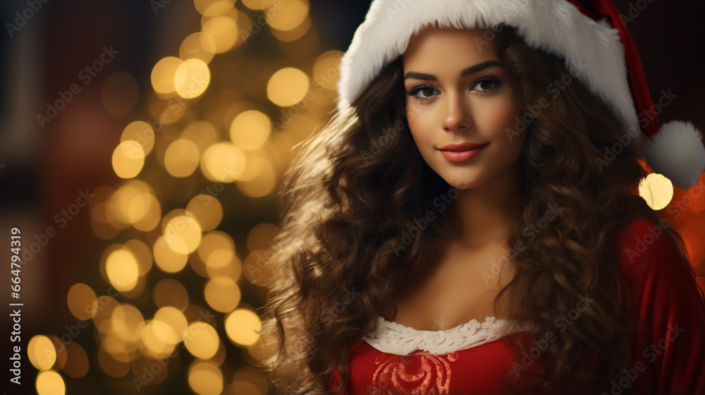 A young woman dresses in a Christmas costume for the Christmas festival.	
