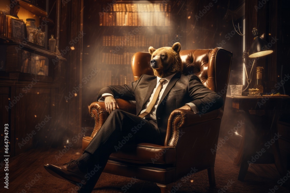 Bear like a human in suit sitting on the armchair. Trading stock market concept