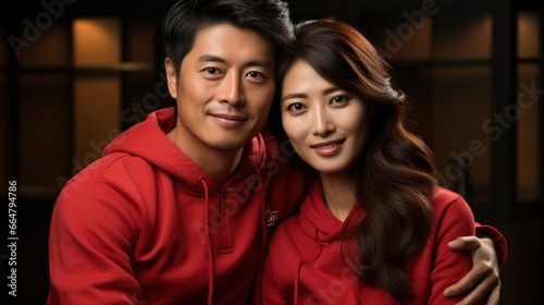 Happy Asian Couple Red Casual Attire Showing Number, Happy New Year Background, Hd Background