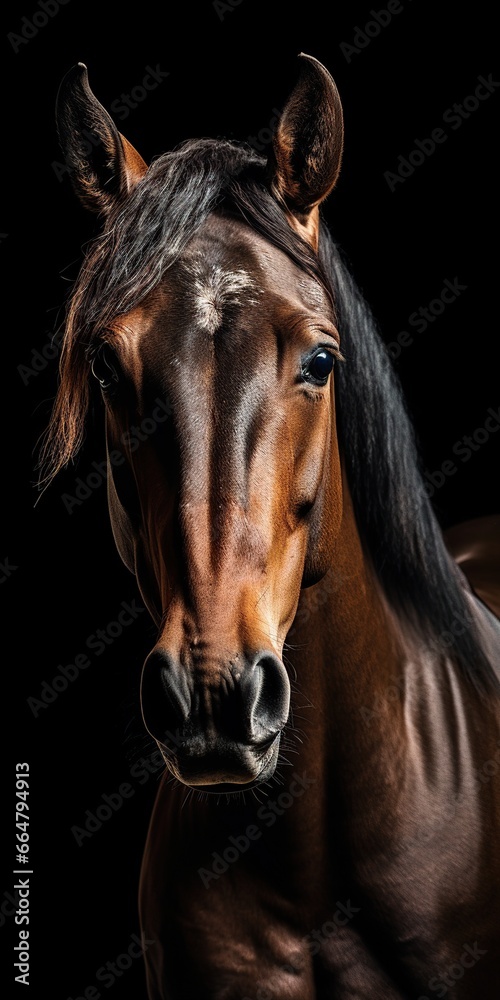 Portrait of a bay horse on a black background, studio shot Portrait of a bay horse on a black background, studio shot
