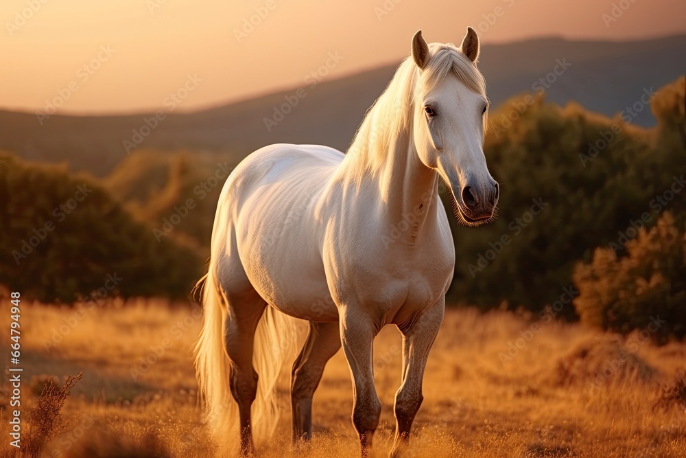 White horse or mare in the mountains at sunset. White horse or mare in the mountains at sunset.