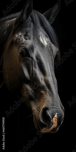 Portrait of a horse on a black background, close-up