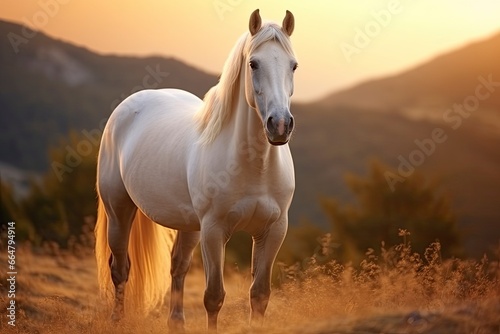 White horse or mare in the mountains at sunset. © Mehdi