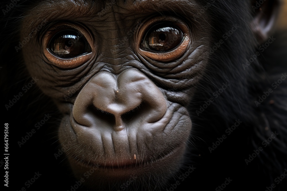 Portrait of a baby chimpanzee, close-up, black background