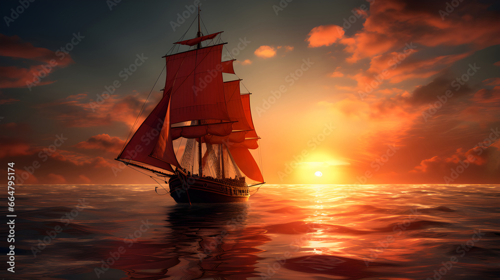 sailing ship sailing in the ocean during sunset