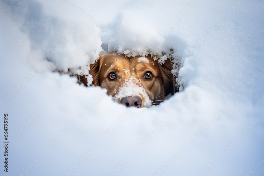 Dog in the snow looks out of the hole in the snow. - obrazy, fototapety, plakaty 
