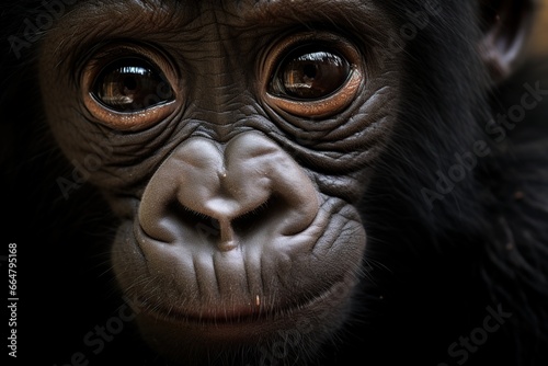 Portrait of a baby chimpanzee, close-up, black background