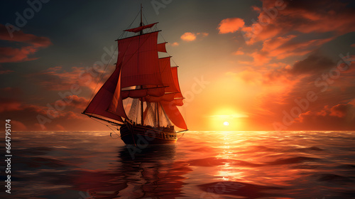 sailing ship sailing in the ocean during sunset © weerasak