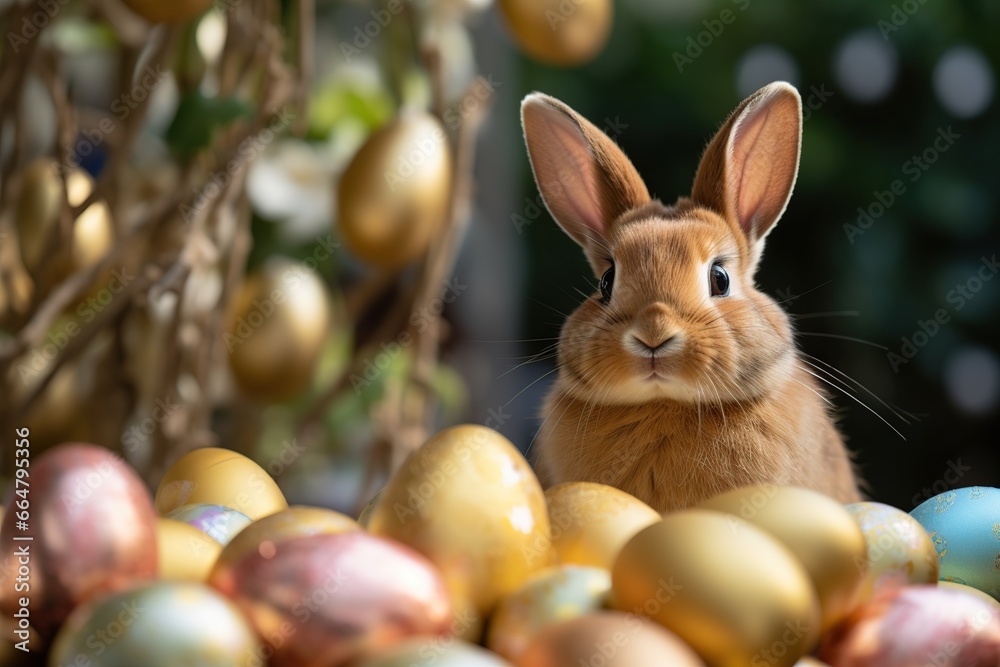 Cute Easter bunny and colorful eggs on blurred background, closeup Cute Easter bunny and colorful eggs on blurred background, closeup