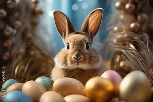 Easter bunny and easter eggs on a background of a garland
