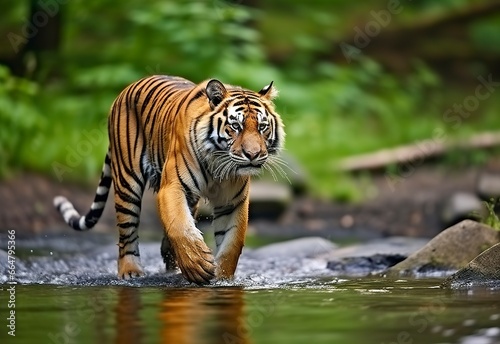 Amur tiger walking in the water. Dangerous animal.  Animal in a green forest stream. © Mehdi
