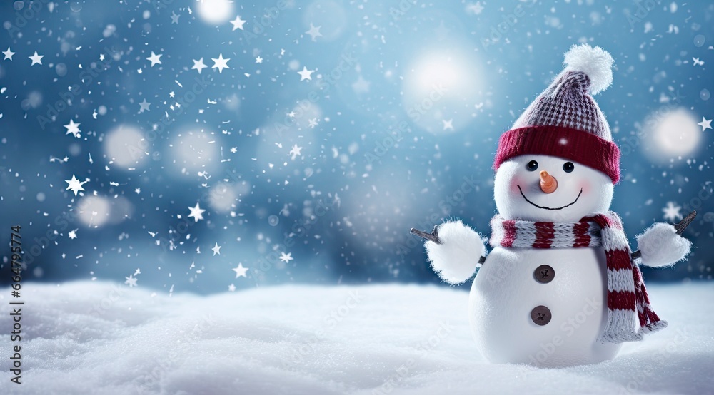 Happy snowman in the winter scenery.