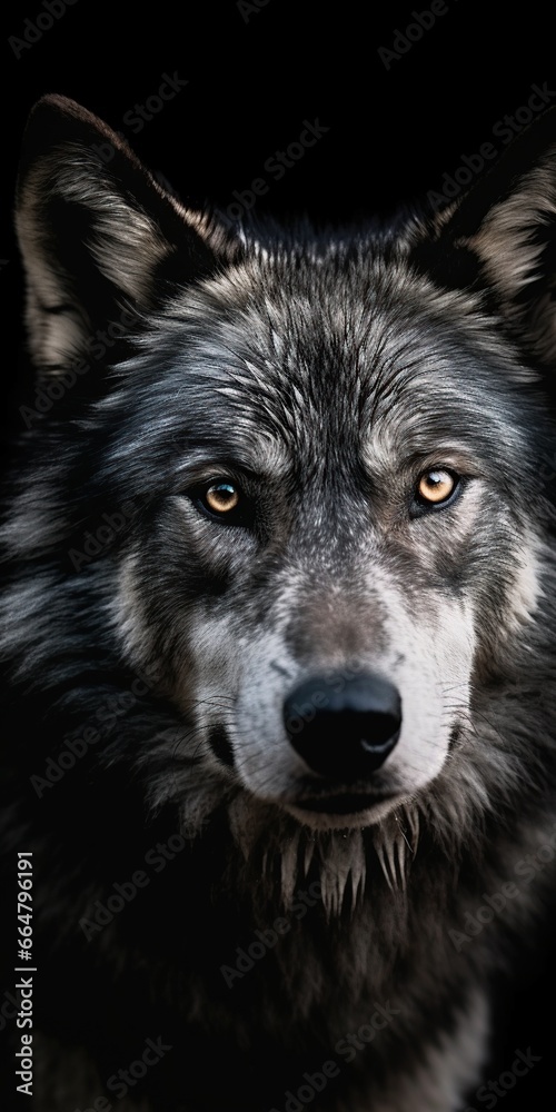 Portrait of a wolf on a black background. Close-up.