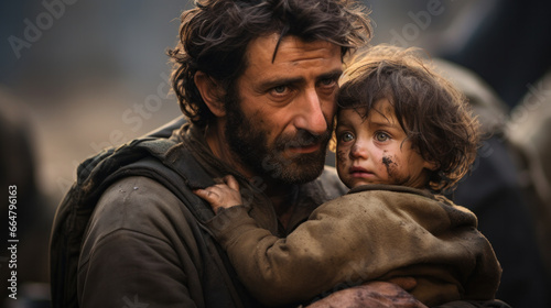 Poverty and poorness on the children face. Sad little boy in fathers arms. Refugee.