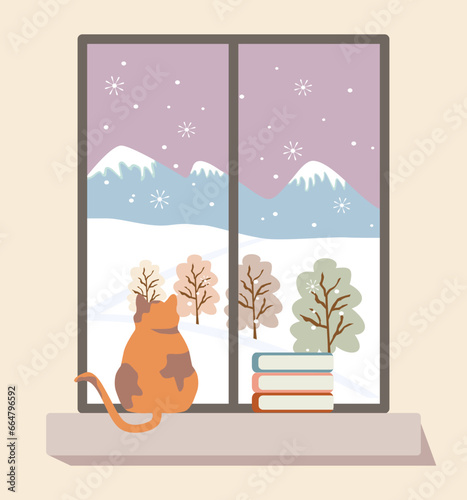 Fat cat with a pile of books on the right side enjoying the outdoor view of the winter landscape from behind the window.