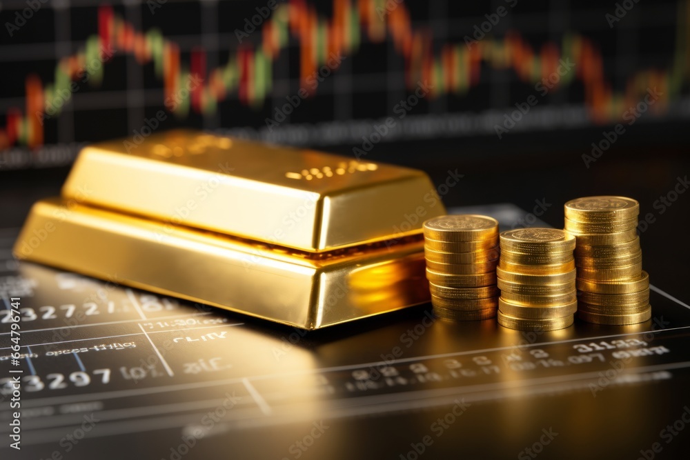 Gold bar resting on a stocks and shares graph Gold bar resting on a stocks and shares graph