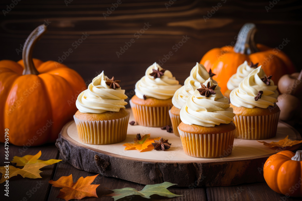 Delicious pumpkin cupcake with buttercream on dark background. Delicious pumpkin cupcake with buttercream on dark background.
