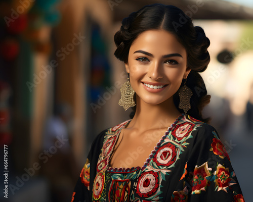 Beautiful Latina woman in traditional dress. Latin American, Mexican, traditional, folklore. Generative AI