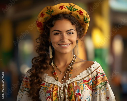 Beautiful Latina woman in traditional dress. Latin American, Mexican, traditional, folklore. Generative AI
