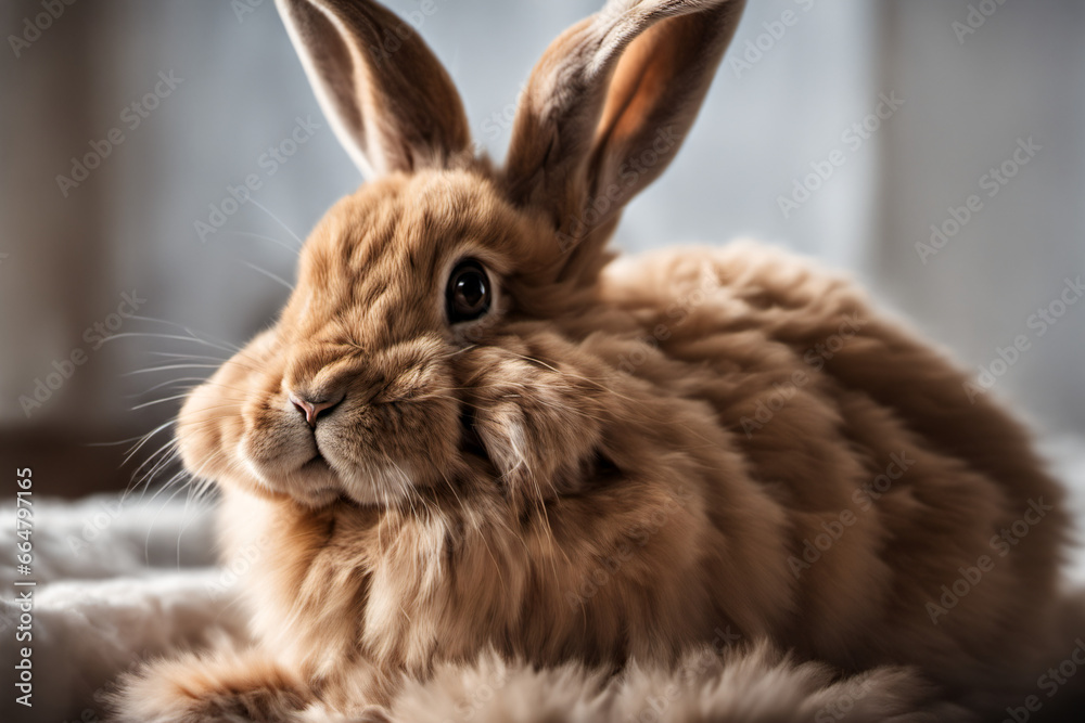 Obraz premium Close-up of a fluffy rabbit lying on a fluffy carpet with cuteness