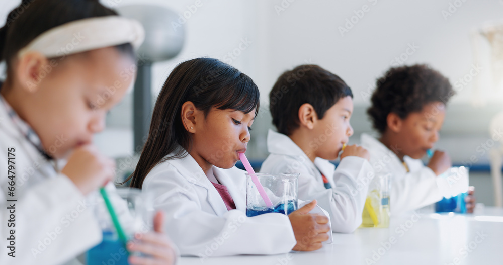 School kids, experiment and liquid for science, learning and classroom for gas, idea and knowledge in lab. Children, boy and girl with studying, container or scholarship for innovation with straw School kids, experiment and liquid for science, learning and classroom for gas, idea and knowledge in lab. Children, boy and girl with studying, container or scholarship for innovation with straw