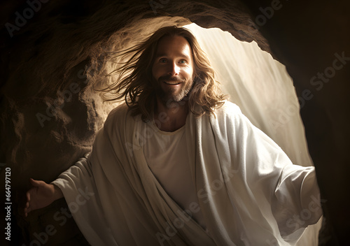 Resurrected Jesus Christ emerging from the tomb. Generative AI