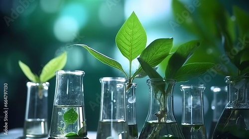 Biotechnology concept with green plant leaves, laboratory glassware, and conducting research, illustrating the powerful combination of nature and science in medical advancements.