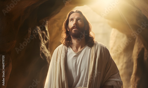 Resurrected Jesus Christ emerging from the tomb. Generative AI