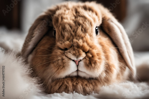 Close-up of a fluffy rabbit lying on a fluffy carpet with cuteness