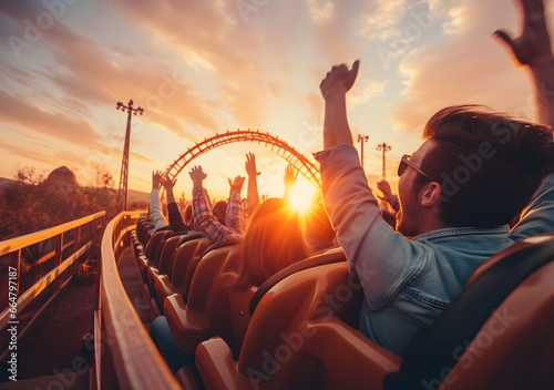 Roller Coaster Euphoria People cheering and enjoying ride at the amusement park with sunset. Generative AI