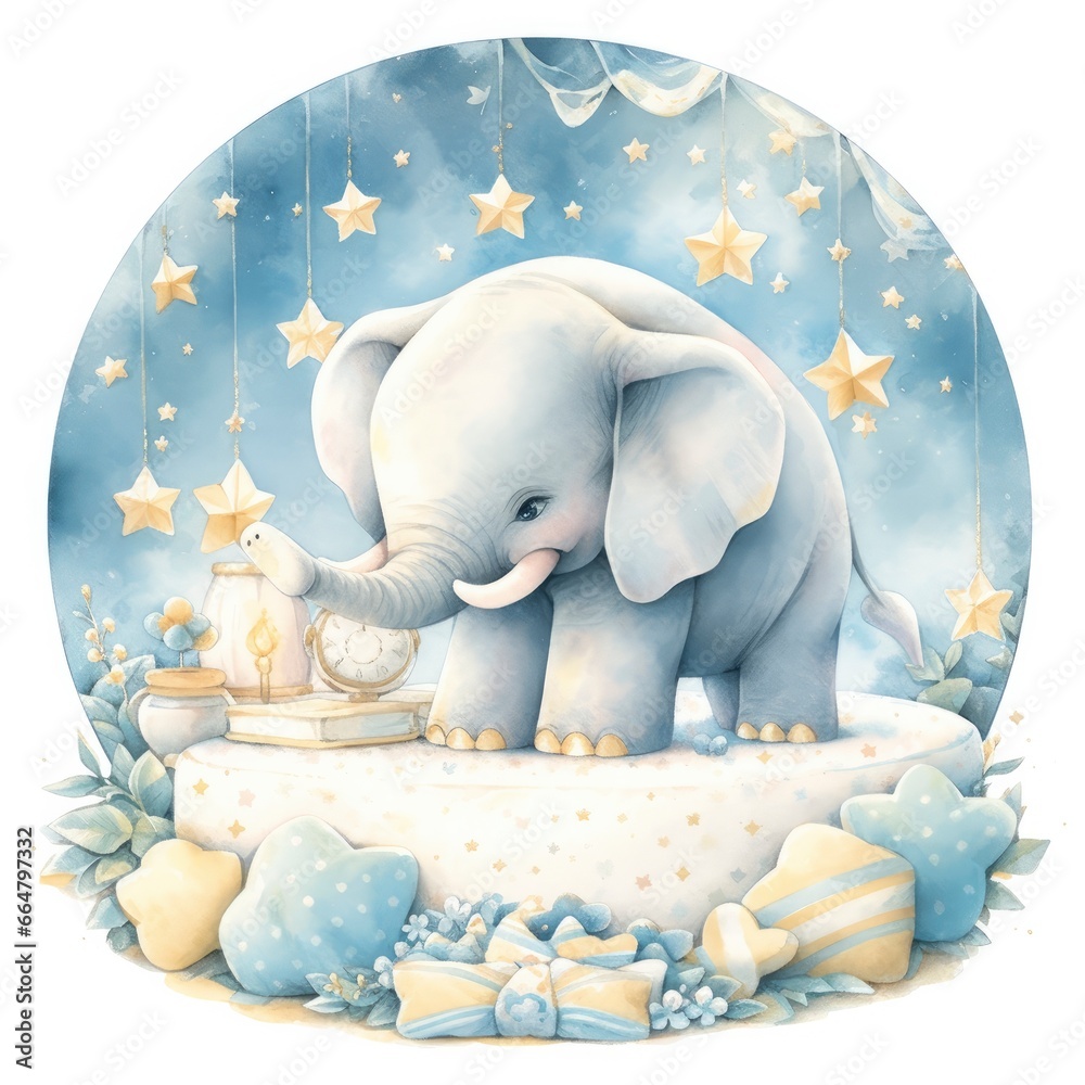 An elephant on a bed with stars and blankets around the circle.