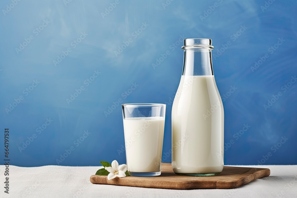 A bottle of milk and a glass of milk on a wooden table on a blue background. A bottle of milk and a glass of milk on a wooden table on a blue background.