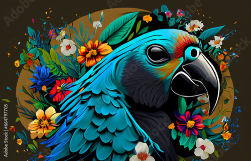 Illustration, graphic, colorful parrot on dark background and flowers