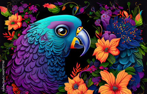 Illustration, graphic, colorful parrot on dark background and flowers