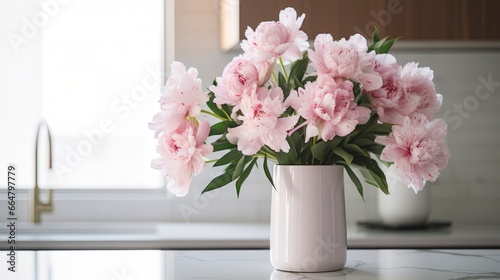 A white vase full of pink flowers is sitting on counter.