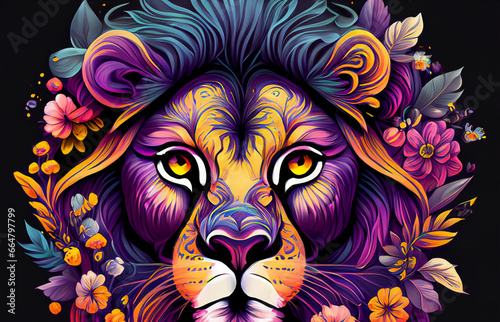 Illustration, graphic, colorful lion on dark background and flowers