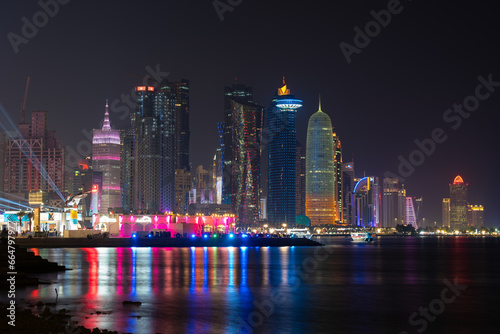 Skyline of West Bay and Doha City Center, Qatar at night.