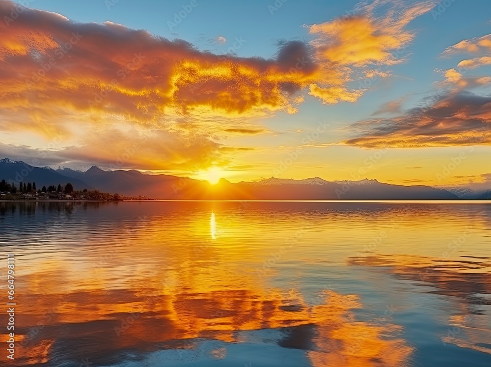 Bright sunset over Lake golden clouds reflect in the water.