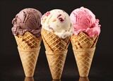 Chocolate, vanilla and strawberry Ice cream in the cone on black background. AI Generated
