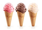 Chocolate, vanilla and strawberry Ice cream in the cone on white background.
