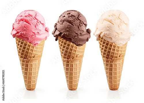 Chocolate, vanilla and strawberry Ice cream in the cone on white background.