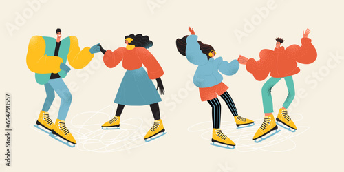 Two couples are skating. Winter sports and activities. Cute characters in flat style