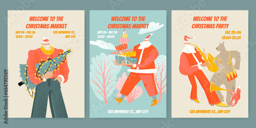 Christmas market and party invitation cards with funny Santa Clauses with Christmas tree, gifts and saxophone