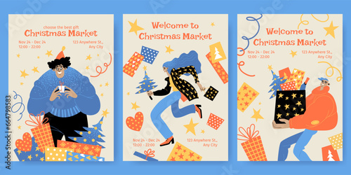 Set of vector invitation cards for Christmas market with cute cartoon characters and gifts.