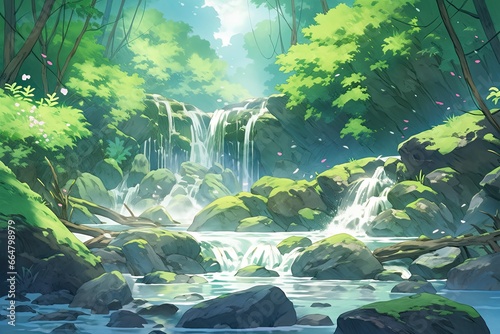 Watercolor scene of a cascading waterfall surrounded by rainforest.