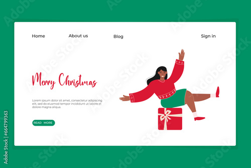 Web template with a cheerful woman sitting on a big gift. Web Landing Banner. Vector flat isolated illustration.
