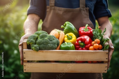 Farmer man holding wooden box full of fresh raw vegetables. © Mehdi