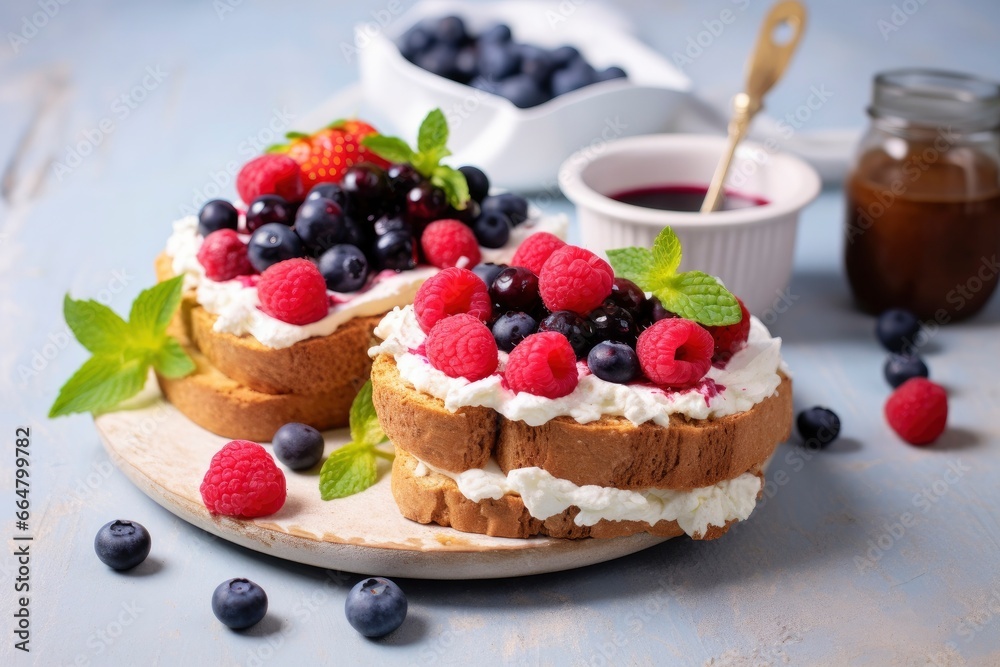 Fresh breakfast with Blueberry, Strawberry, raspberry ricotta rye sandwiches. Fresh breakfast with Blueberry, Strawberry, raspberry ricotta rye sandwiches.