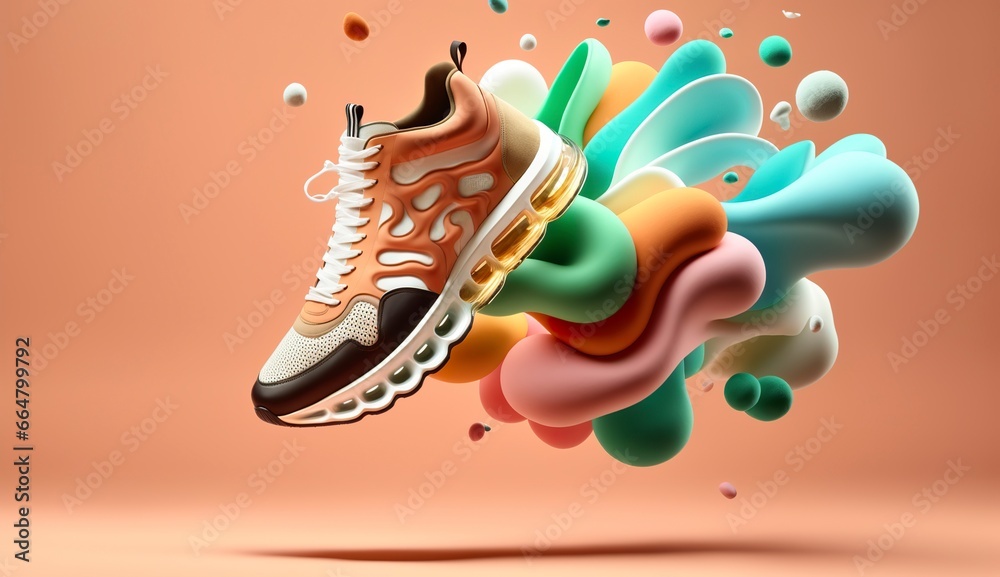 Flying trendy sneakers on creative colorful background, Stylish fashionable concept.